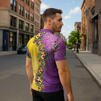 Hawaii Mardi Gras Zipper Polo Shirt Plumeria Lei Beads Glitter Style