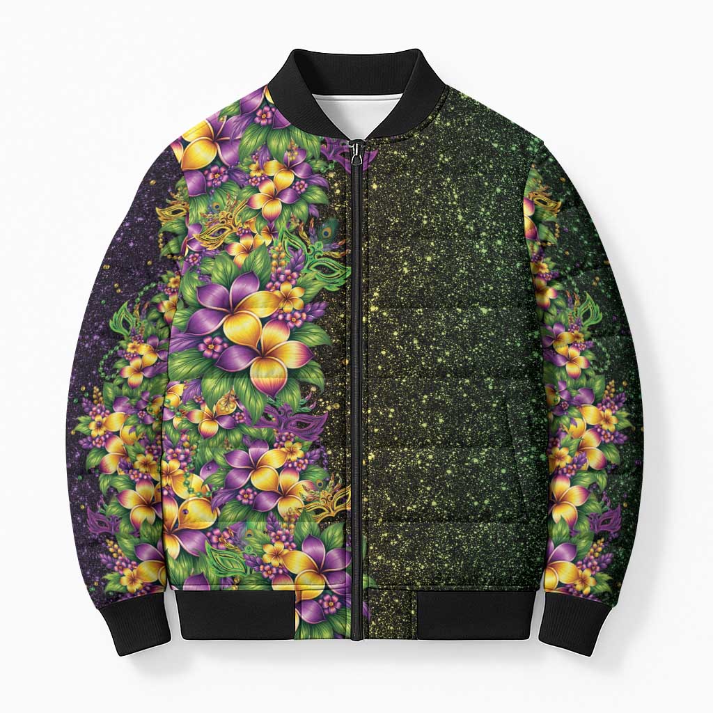 Hawaii Mardi Gras Bomber Puffer Jacket Tropical Flowers Glitter Style LT05 Unisex Black - Polynesian Pride
