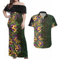 Hawaii Mardi Gras Couples Matching Off Shoulder Maxi Dress and Hawaiian Shirt Tropical Flowers Glitter Style LT05 Black - Polynesian Pride