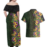 Hawaii Mardi Gras Couples Matching Off Shoulder Maxi Dress and Hawaiian Shirt Tropical Flowers Glitter Style LT05 - Polynesian Pride