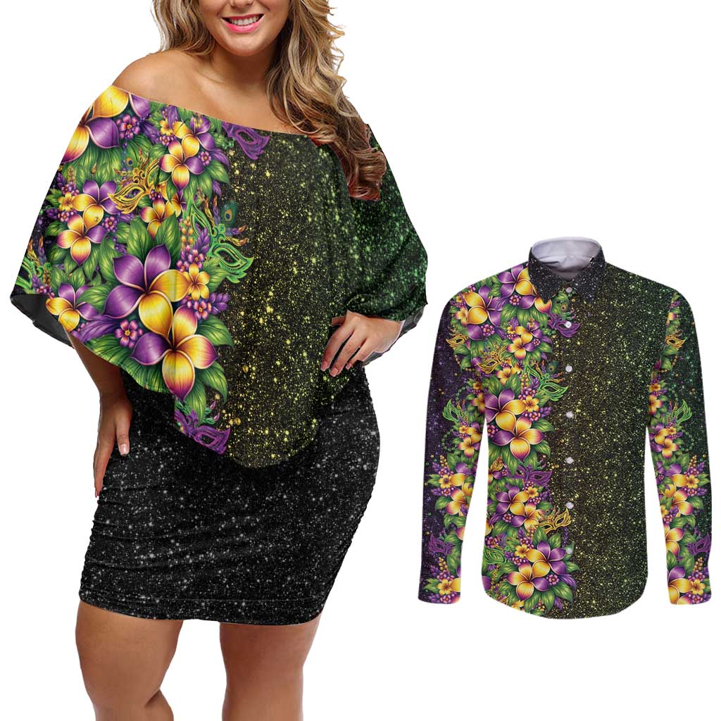Hawaii Mardi Gras Couples Matching Off Shoulder Short Dress and Long Sleeve Button Shirt Tropical Flowers Glitter Style LT05 Black - Polynesian Pride
