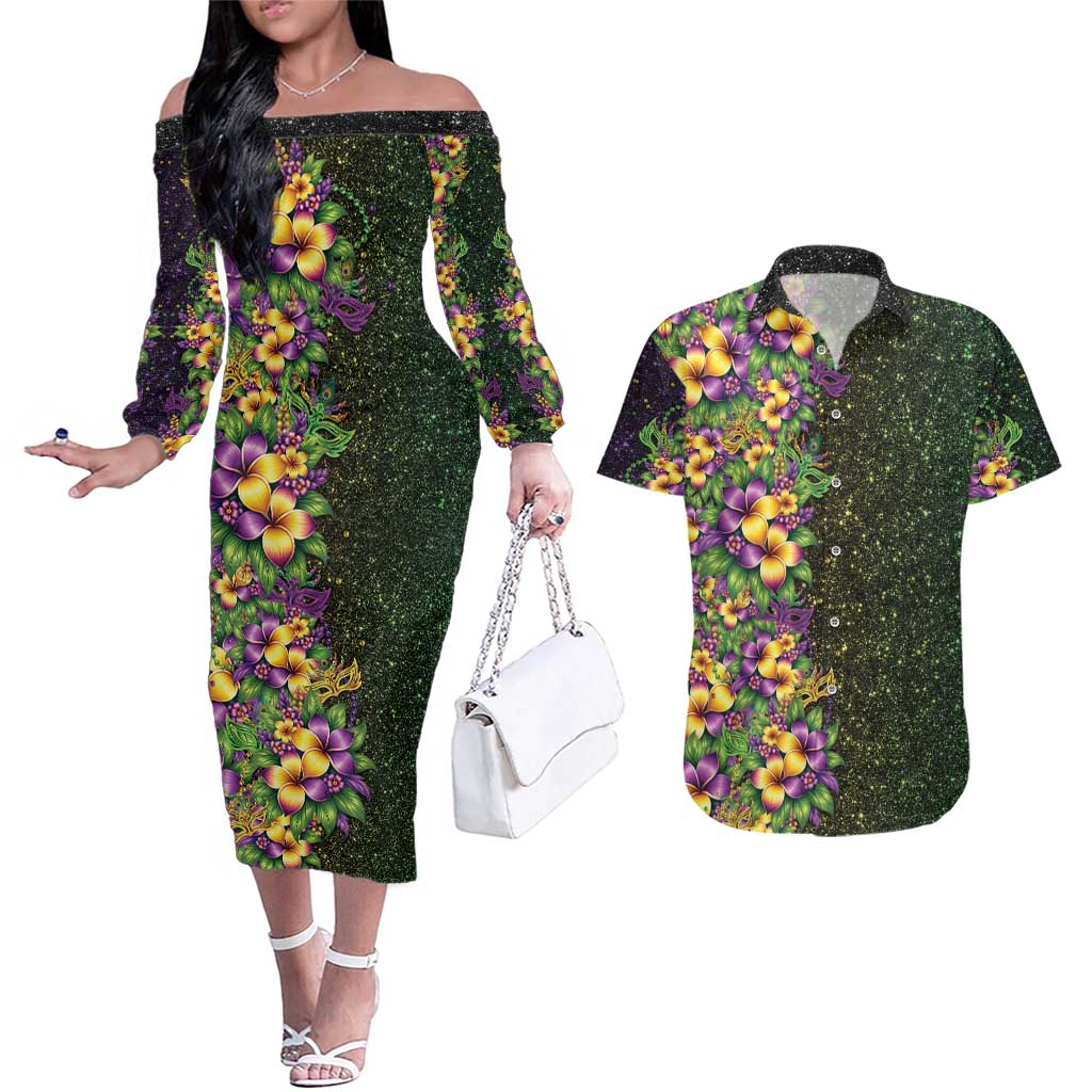 Hawaii Mardi Gras Couples Matching Off The Shoulder Long Sleeve Dress and Hawaiian Shirt Tropical Flowers Glitter Style LT05 Black - Polynesian Pride