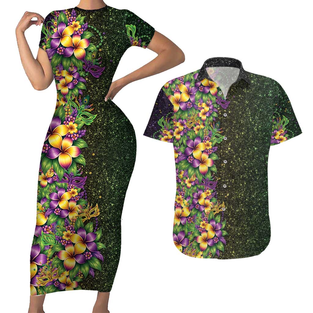 Hawaii Mardi Gras Couples Matching Short Sleeve Bodycon Dress and Hawaiian Shirt Tropical Flowers Glitter Style LT05 Black - Polynesian Pride