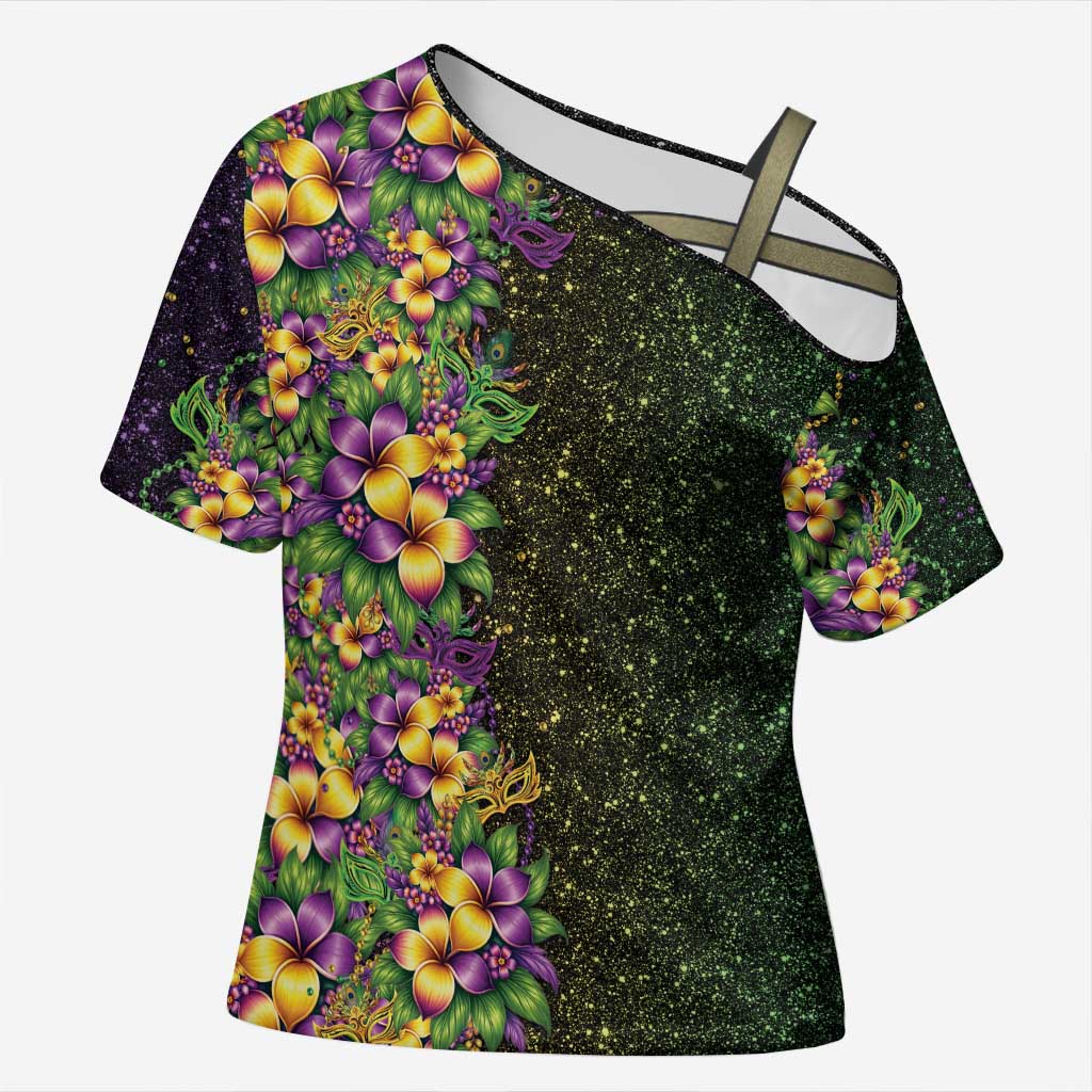 Hawaii Mardi Gras Cross Shoulder Shirt Tropical Flowers Glitter Style LT05 Female Black - Polynesian Pride