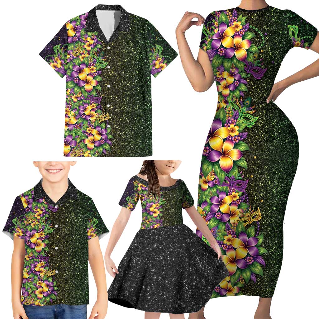 Hawaii Mardi Gras Family Matching Short Sleeve Bodycon Dress and Hawaiian Shirt Tropical Flowers Glitter Style