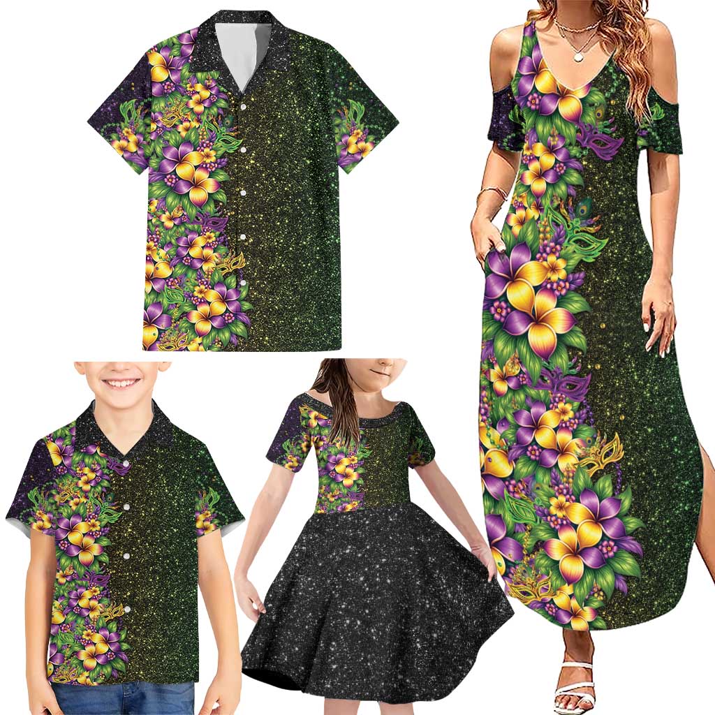Hawaii Mardi Gras Family Matching Summer Maxi Dress and Hawaiian Shirt Tropical Flowers Glitter Style
