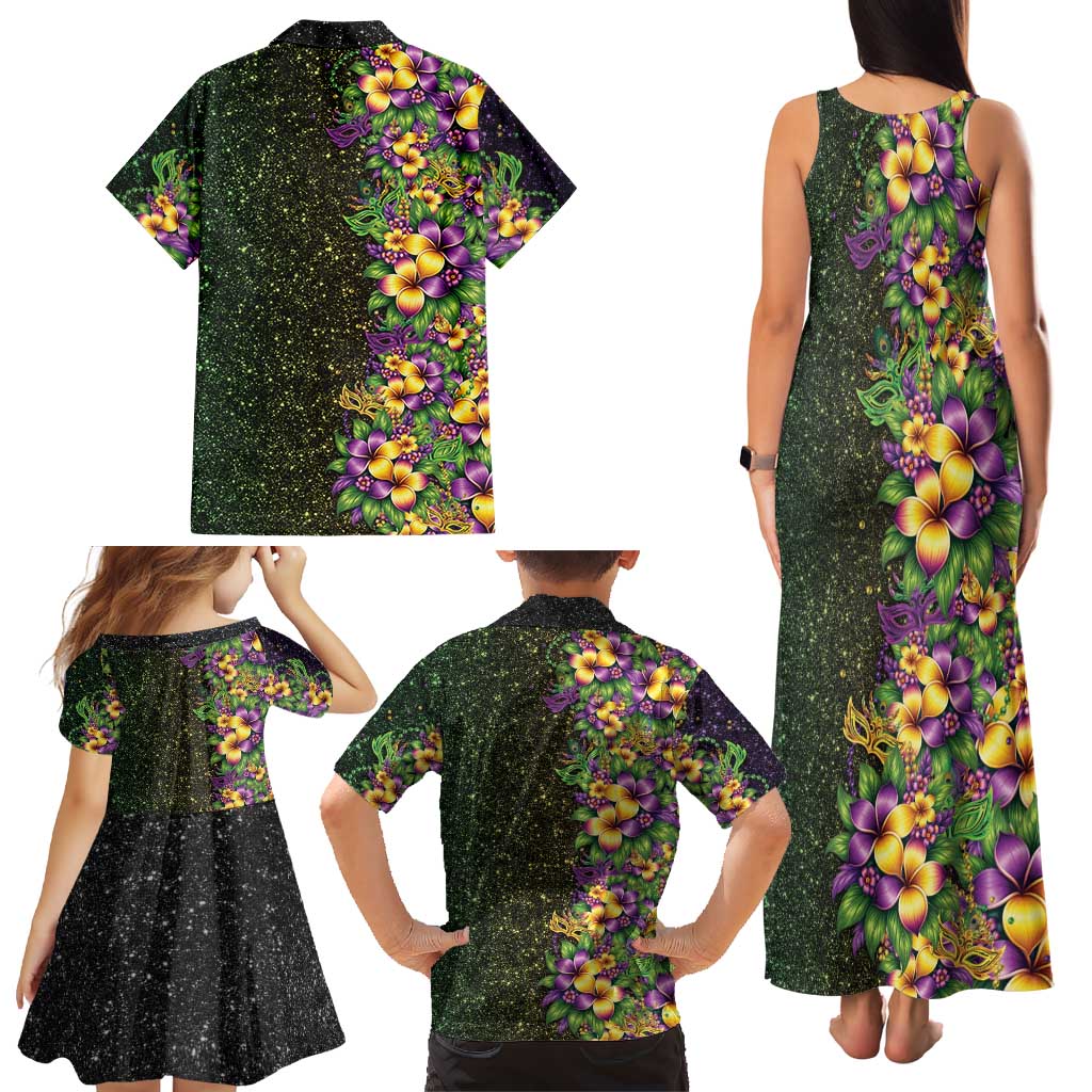 Hawaii Mardi Gras Family Matching Tank Maxi Dress and Hawaiian Shirt Tropical Flowers Glitter Style