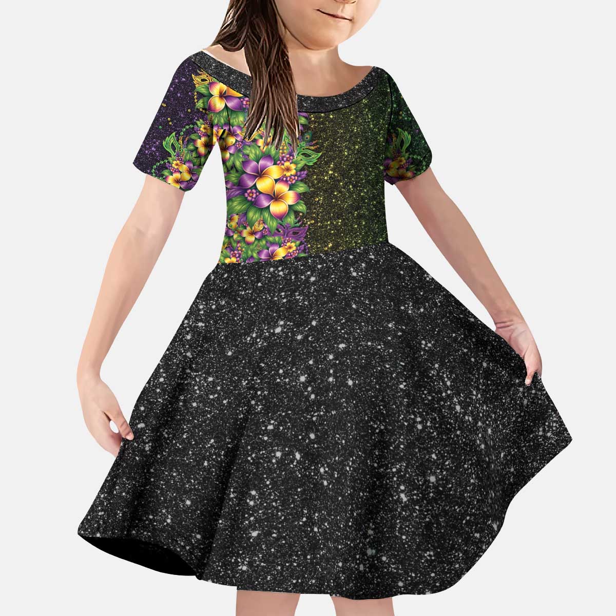 Hawaii Mardi Gras Kid Short Sleeve Dress Tropical Flowers Glitter Style