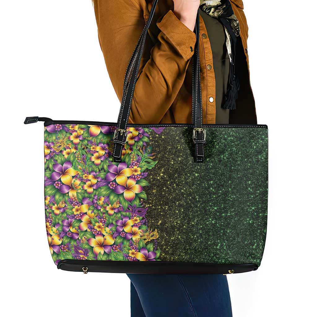 Hawaii Mardi Gras Leather Tote Bag Tropical Flowers Glitter Style