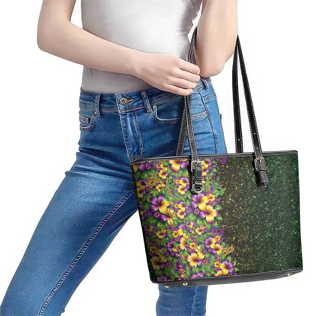 Hawaii Mardi Gras Leather Tote Bag Tropical Flowers Glitter Style