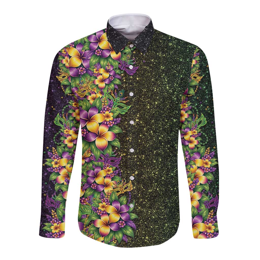 Hawaii Mardi Gras Long Sleeve Button Shirt Tropical Flowers Glitter Style