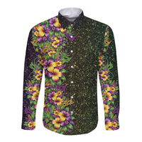 Hawaii Mardi Gras Long Sleeve Button Shirt Tropical Flowers Glitter Style