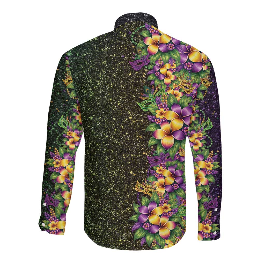 Hawaii Mardi Gras Long Sleeve Button Shirt Tropical Flowers Glitter Style