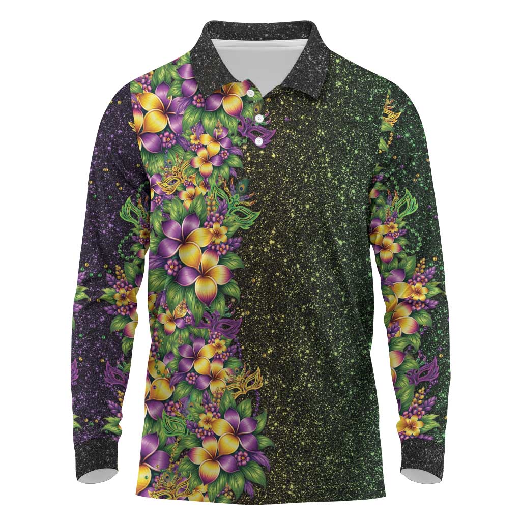 Hawaii Mardi Gras Long Sleeve Polo Shirt Tropical Flowers Glitter Style