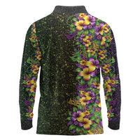 Hawaii Mardi Gras Long Sleeve Polo Shirt Tropical Flowers Glitter Style