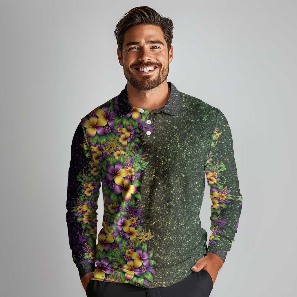 Hawaii Mardi Gras Long Sleeve Polo Shirt Tropical Flowers Glitter Style