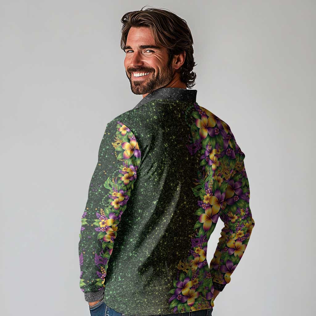 Hawaii Mardi Gras Long Sleeve Polo Shirt Tropical Flowers Glitter Style
