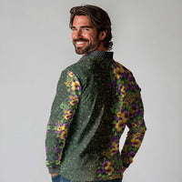 Hawaii Mardi Gras Long Sleeve Polo Shirt Tropical Flowers Glitter Style