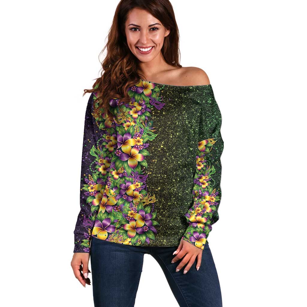 Hawaii Mardi Gras Off Shoulder Sweater Tropical Flowers Glitter Style LT05 Women Black - Polynesian Pride