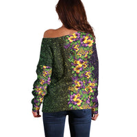 Hawaii Mardi Gras Off Shoulder Sweater Tropical Flowers Glitter Style LT05 - Polynesian Pride