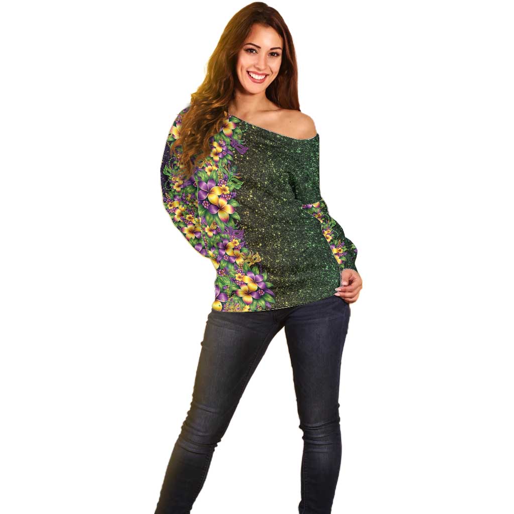 Hawaii Mardi Gras Off Shoulder Sweater Tropical Flowers Glitter Style LT05 - Polynesian Pride