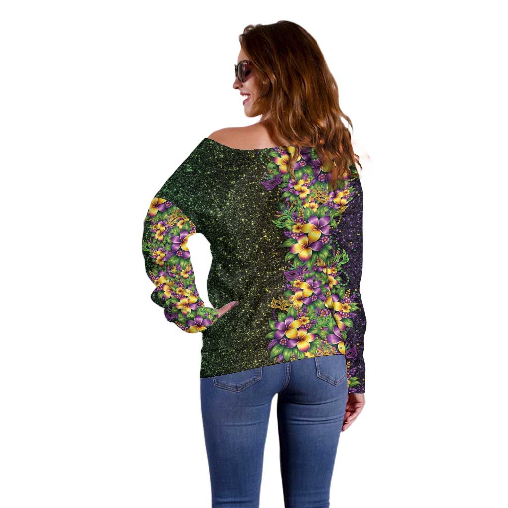 Hawaii Mardi Gras Off Shoulder Sweater Tropical Flowers Glitter Style LT05 - Polynesian Pride