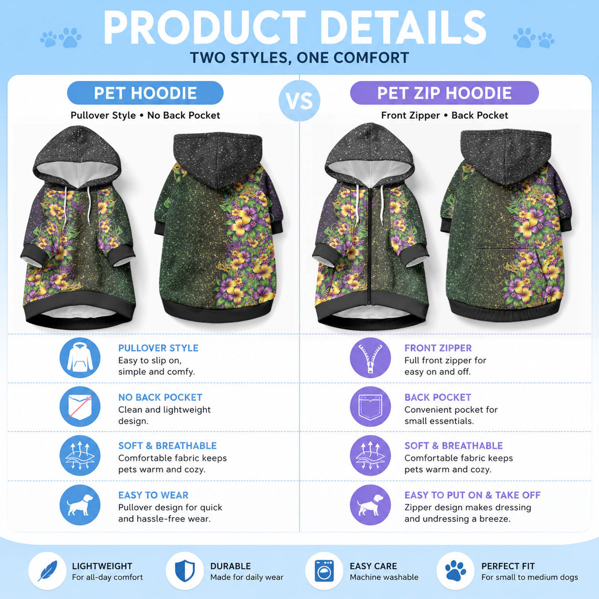 Hawaii Mardi Gras Pet Hoodie Tropical Flowers Glitter Style