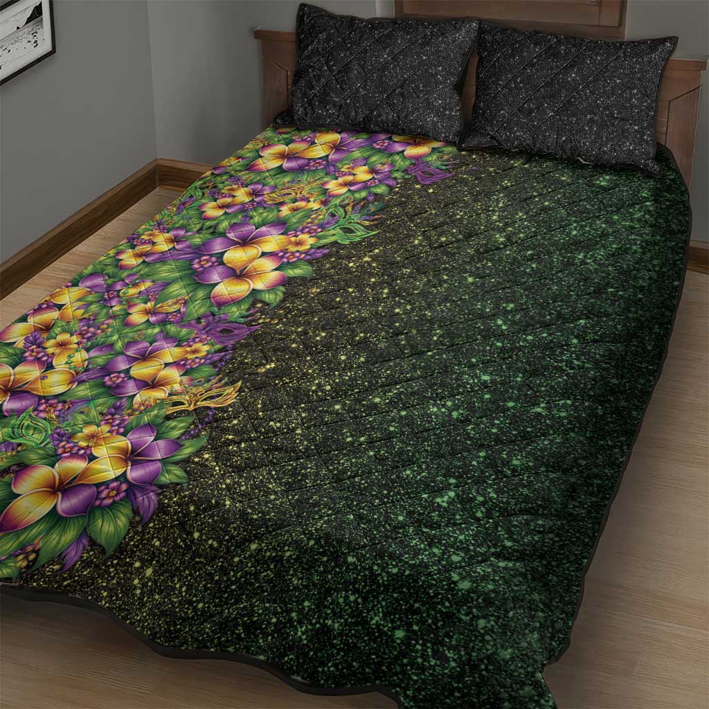 Hawaii Mardi Gras Quilt Bed Set Tropical Flowers Glitter Style