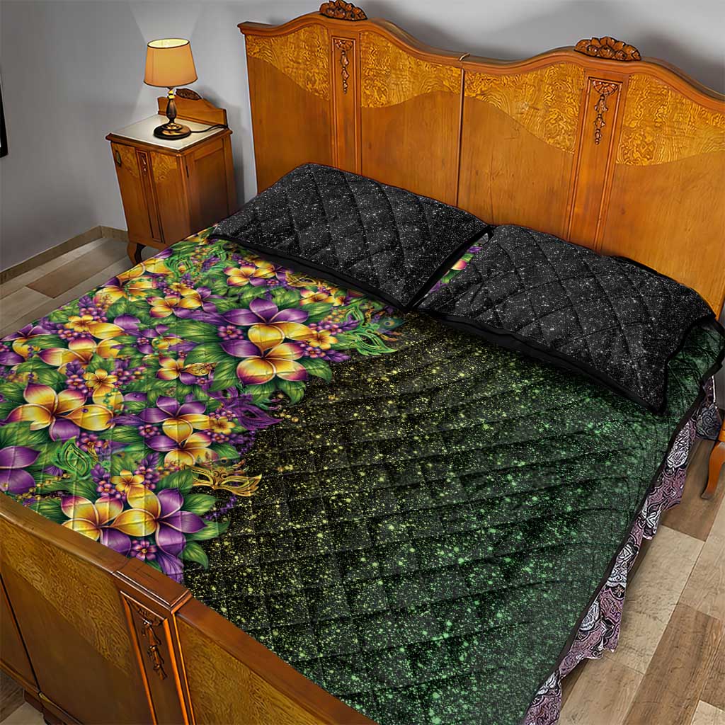 Hawaii Mardi Gras Quilt Bed Set Tropical Flowers Glitter Style