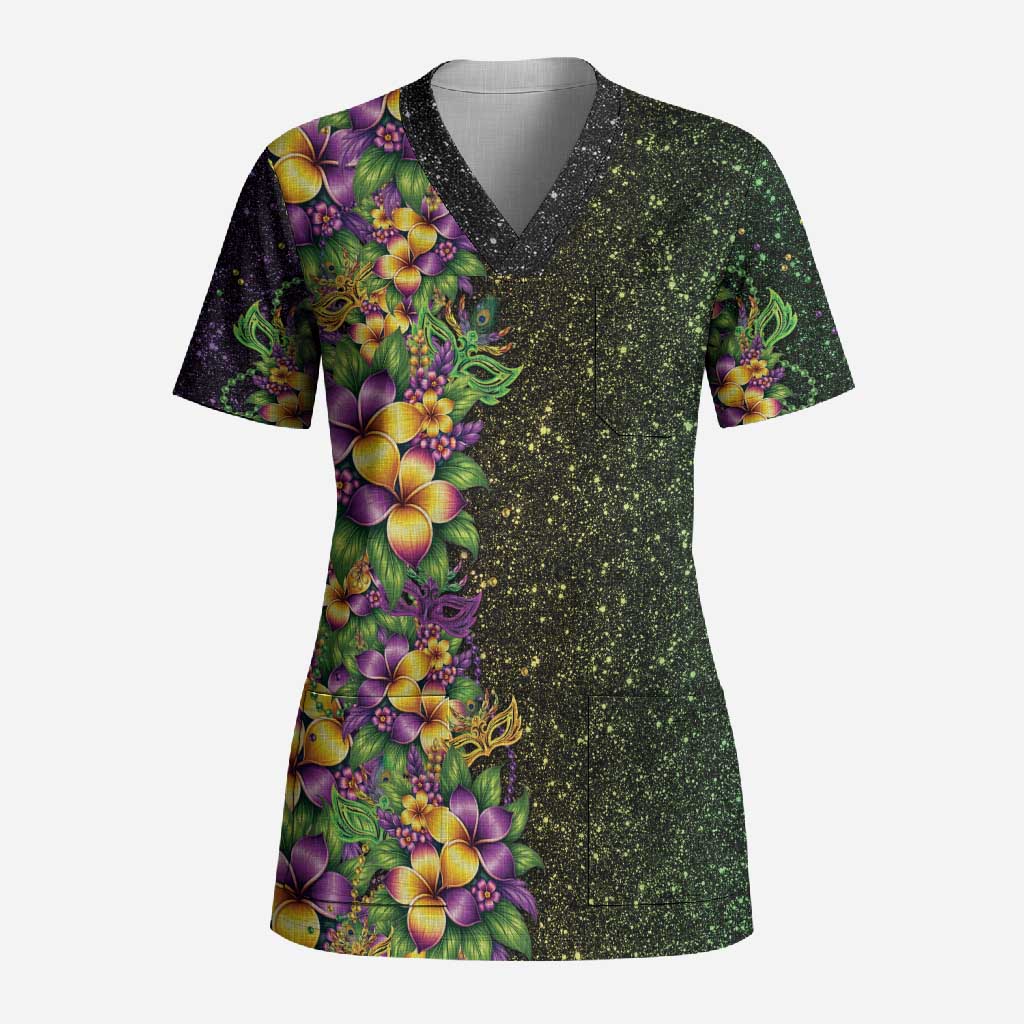 Hawaii Mardi Gras Scrub Top Tropical Flowers Glitter Style LT05 Adult Black - Polynesian Pride
