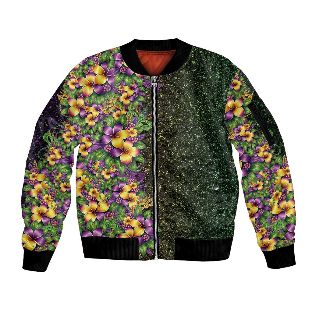 Hawaii Mardi Gras Sleeve Zip Bomber Jacket Tropical Flowers Glitter Style