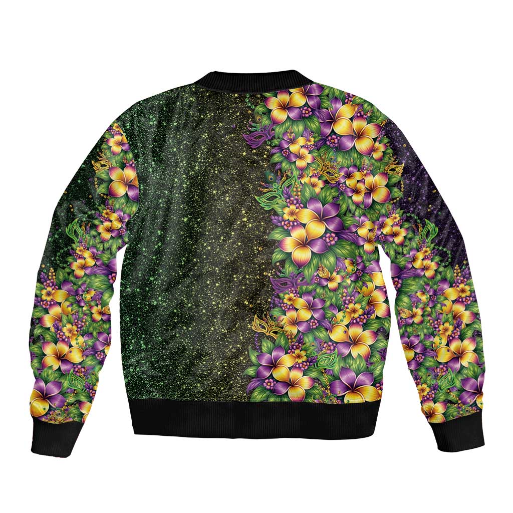 Hawaii Mardi Gras Sleeve Zip Bomber Jacket Tropical Flowers Glitter Style