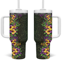 Hawaii Mardi Gras Tumbler With Handle Tropical Flowers Glitter Style