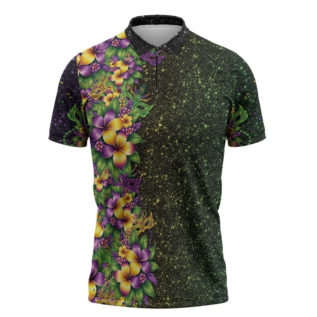 Hawaii Mardi Gras Zipper Polo Shirt Tropical Flowers Glitter Style