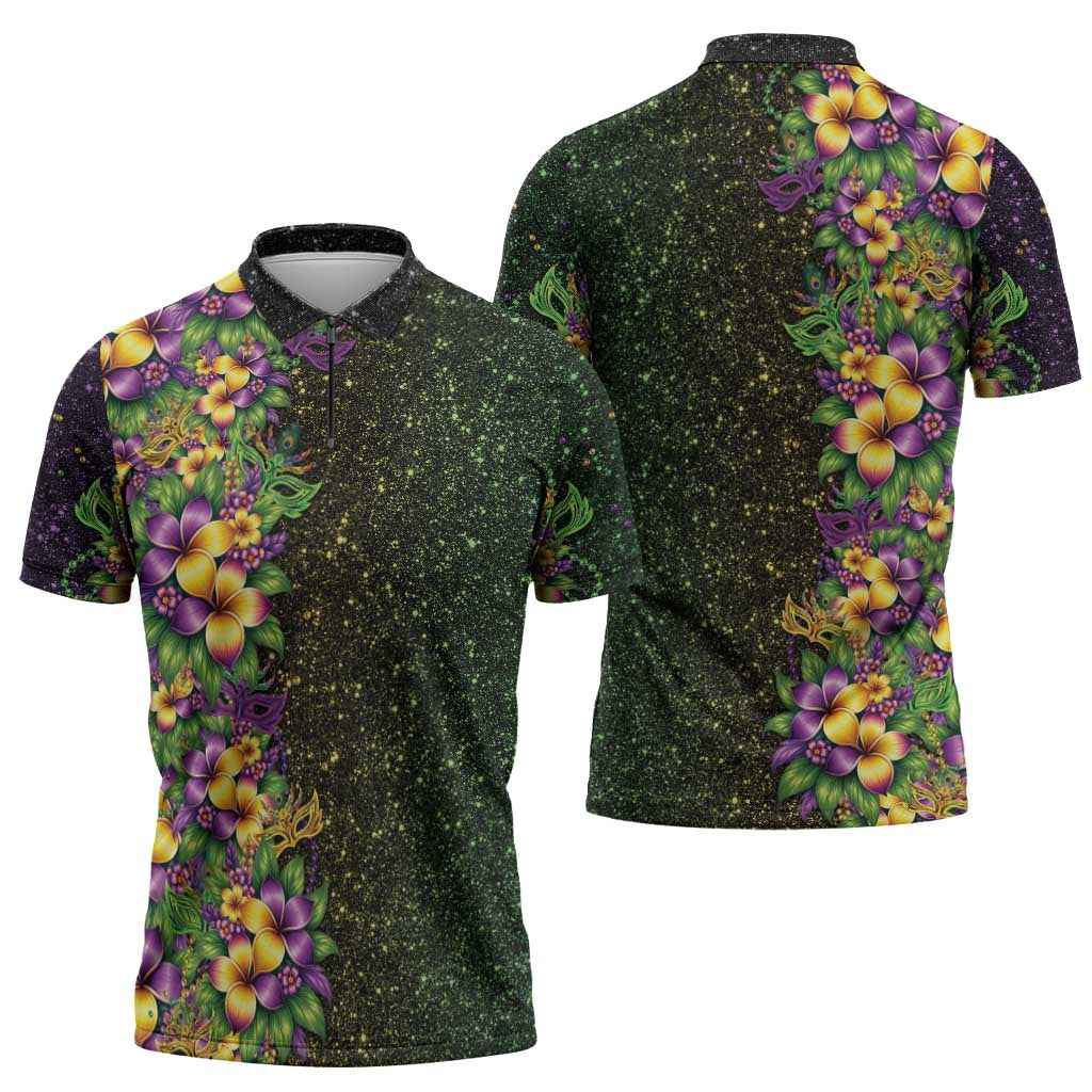 Hawaii Mardi Gras Zipper Polo Shirt Tropical Flowers Glitter Style