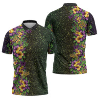 Hawaii Mardi Gras Zipper Polo Shirt Tropical Flowers Glitter Style
