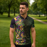 Hawaii Mardi Gras Zipper Polo Shirt Tropical Flowers Glitter Style