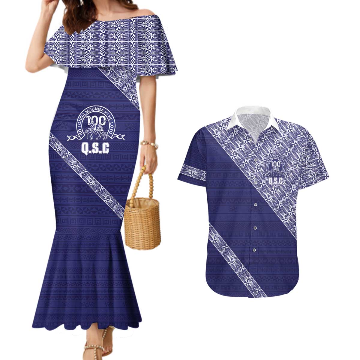 Tonga Queen Salote College Couples Matching Mermaid Dress and Hawaiian Shirt 100 Years Anniversary Navy Color