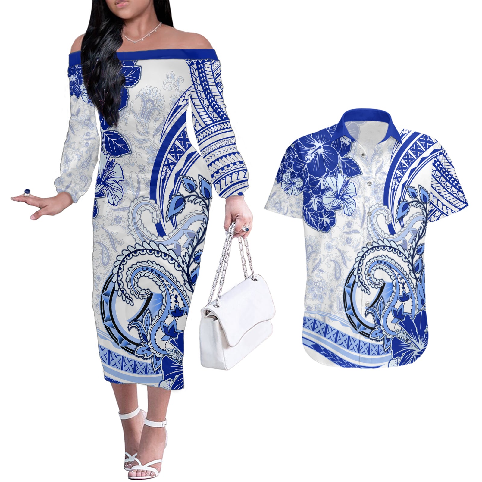 Polynesia Paisley Couples Matching Off The Shoulder Long Sleeve Dress and Hawaiian Shirt Mix Navy Polynesian Pattern LT05 Navy - Polynesian Pride