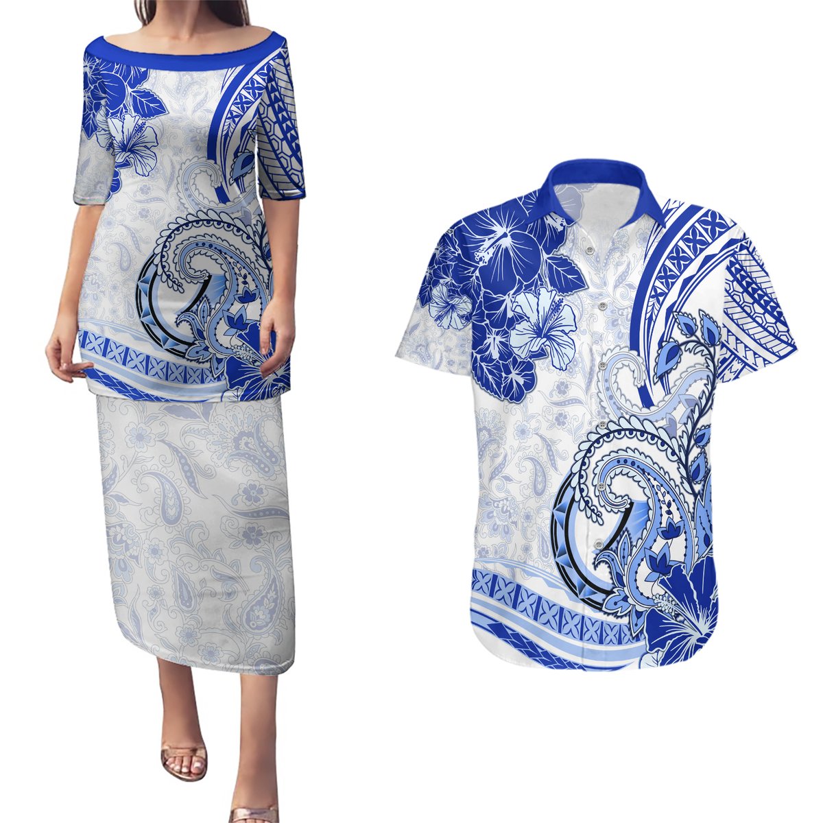 Polynesia Paisley Couples Matching Puletasi and Hawaiian Shirt Mix Navy Polynesian Pattern LT05 Navy - Polynesian Pride