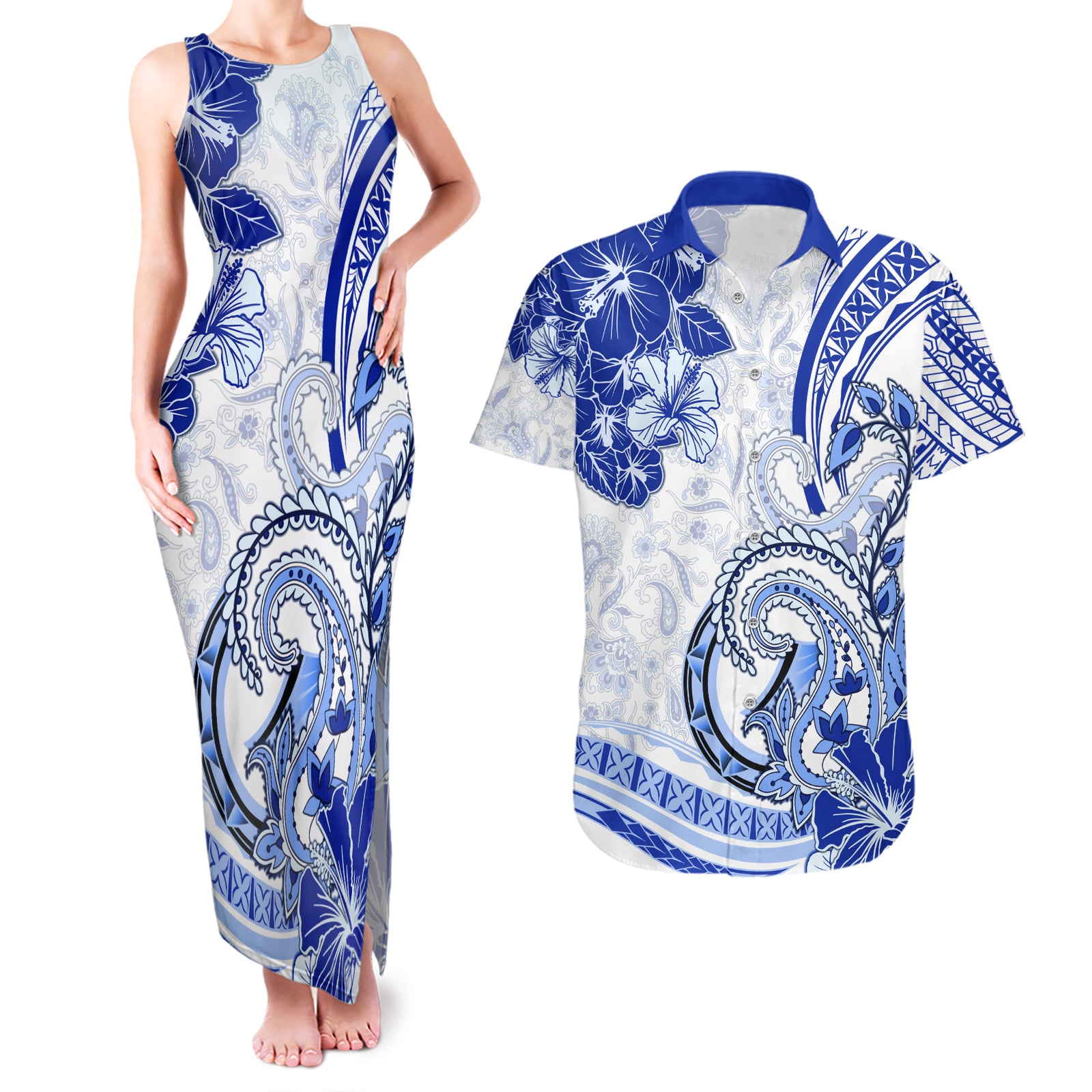 Polynesia Paisley Couples Matching Tank Maxi Dress and Hawaiian Shirt Mix Navy Polynesian Pattern LT05 Navy - Polynesian Pride