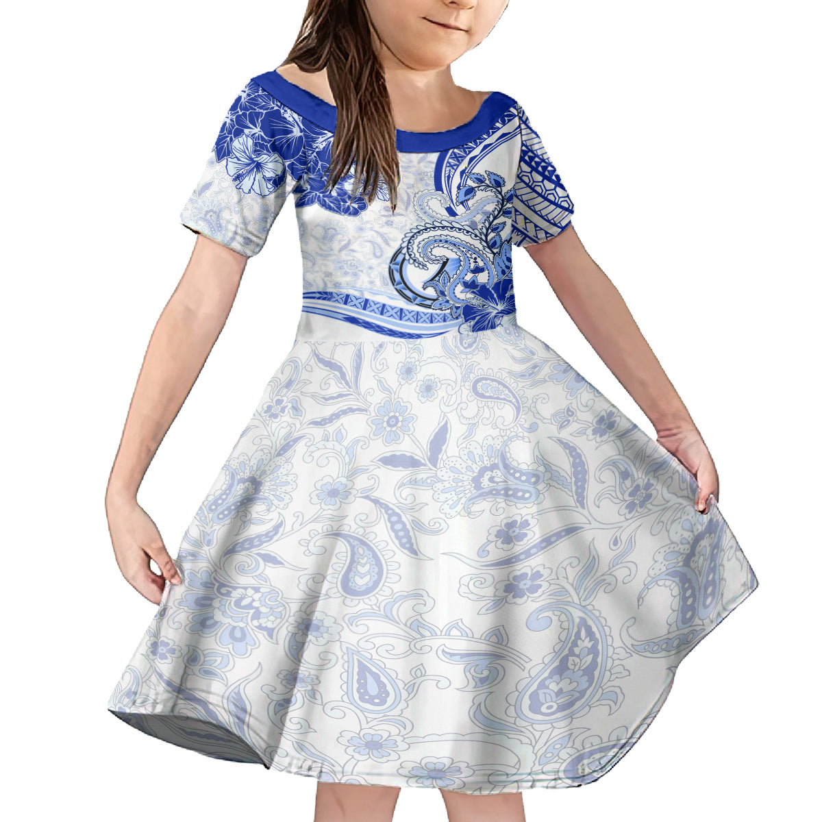 Polynesia Paisley Family Matching Puletasi and Hawaiian Shirt Mix Navy Polynesian Pattern LT05 Daughter's Dress Navy - Polynesian Pride