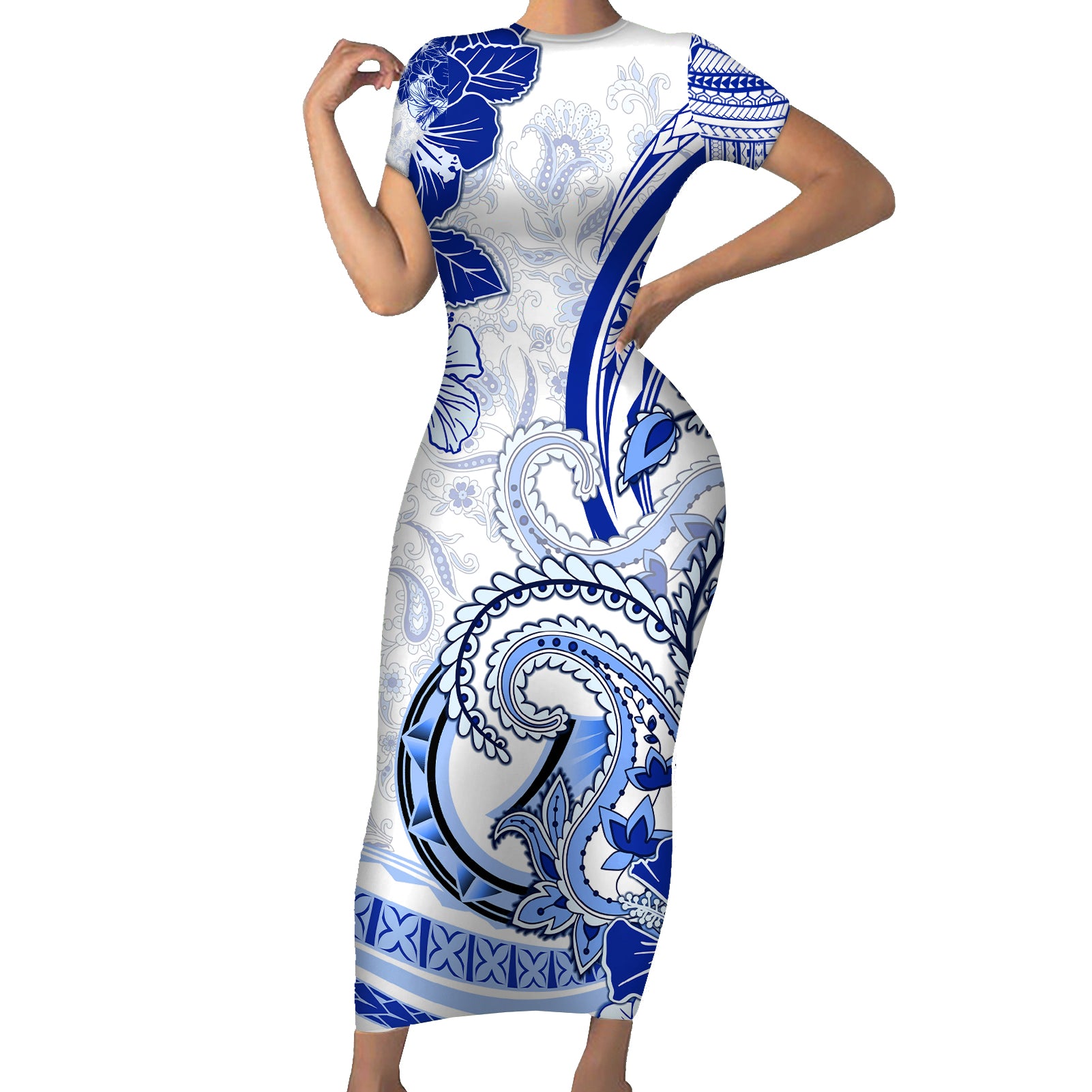 Polynesia Paisley Short Sleeve Bodycon Dress Mix Navy Polynesian Pattern LT05 Long Dress Navy - Polynesian Pride