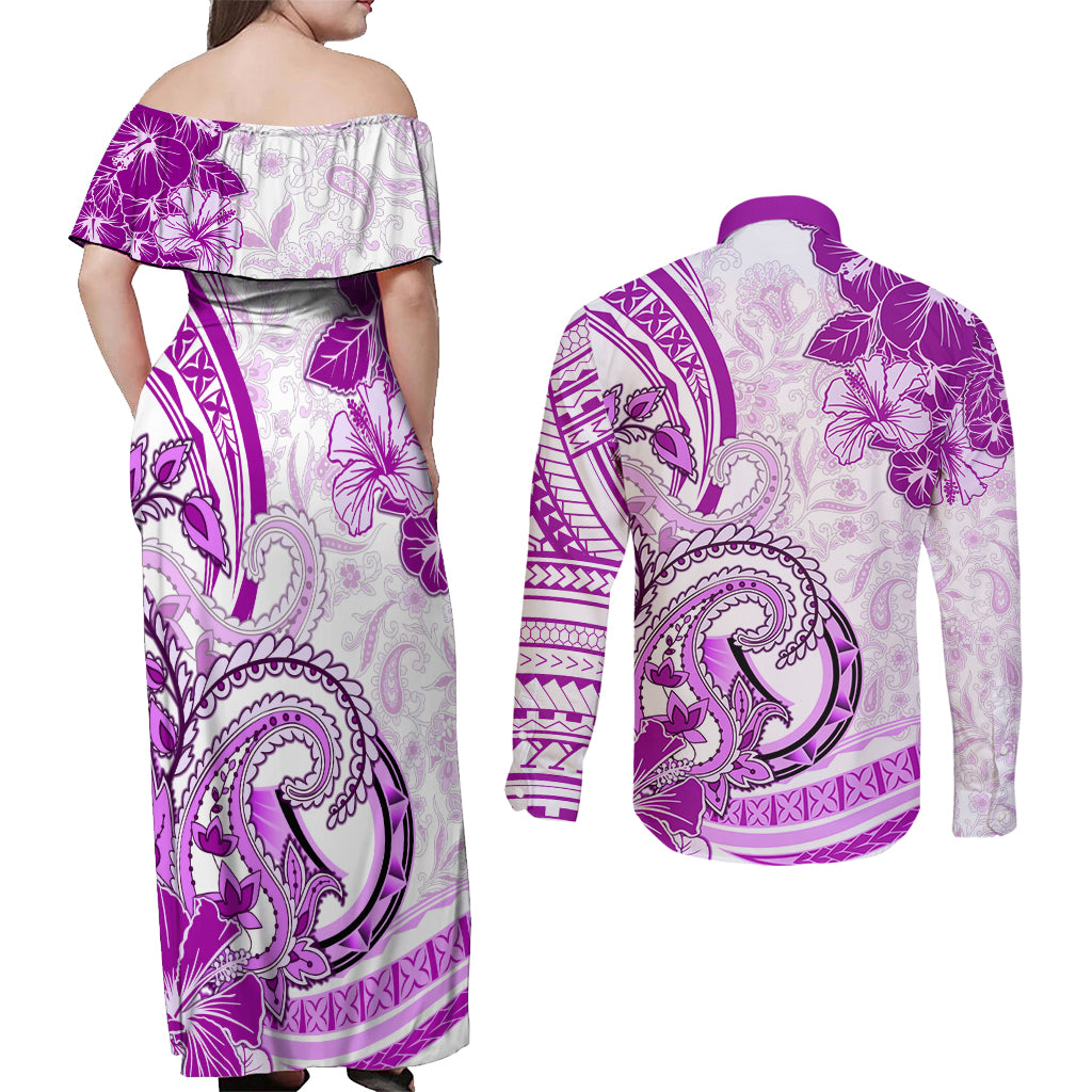 Polynesia Paisley Couples Matching Off Shoulder Maxi Dress and Long Sleeve Button Shirt Mix Pink Polynesian Pattern LT05 - Polynesian Pride