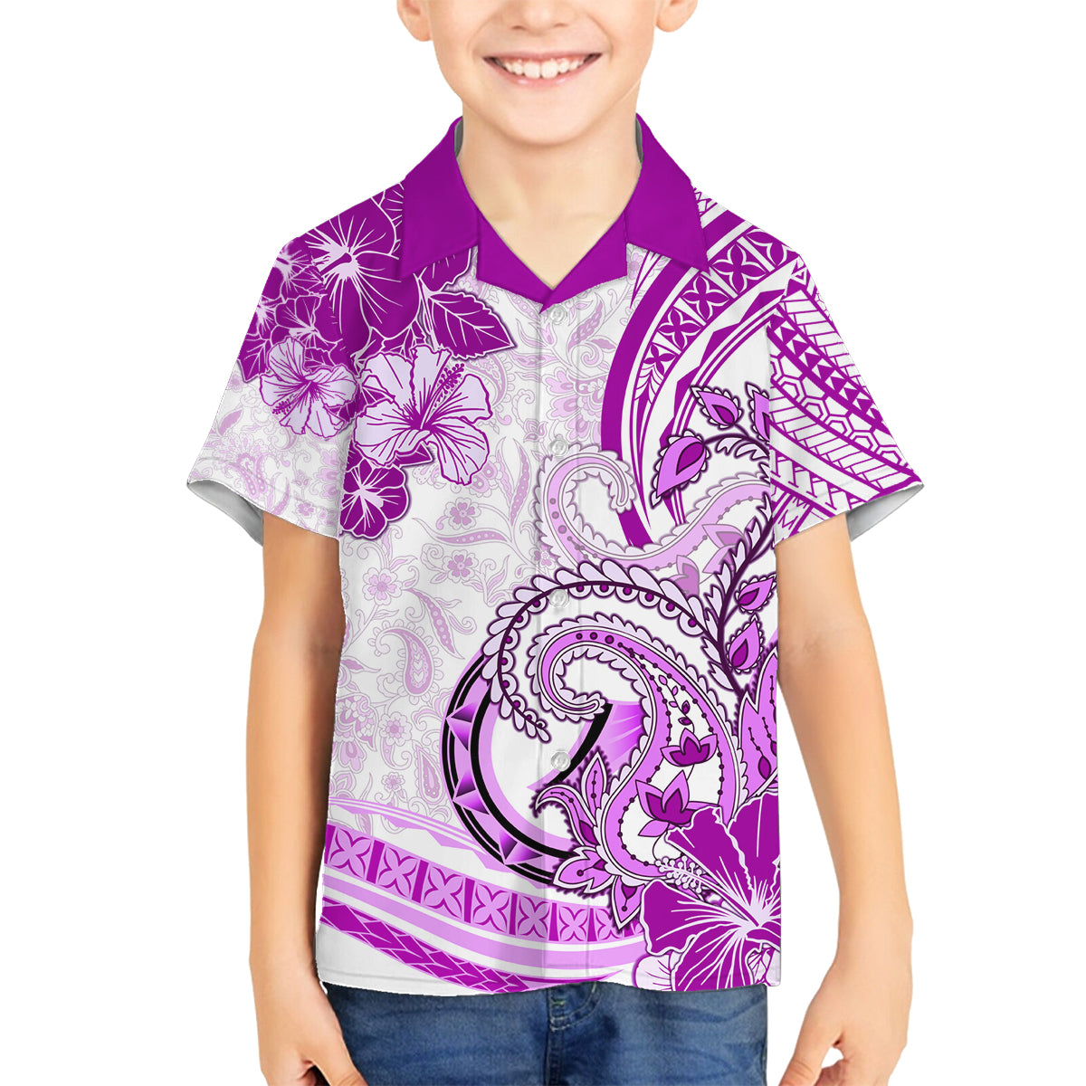 Polynesia Paisley Family Matching Off Shoulder Long Sleeve Dress and Hawaiian Shirt Mix Pink Polynesian Pattern LT05 Son's Shirt Pink - Polynesian Pride