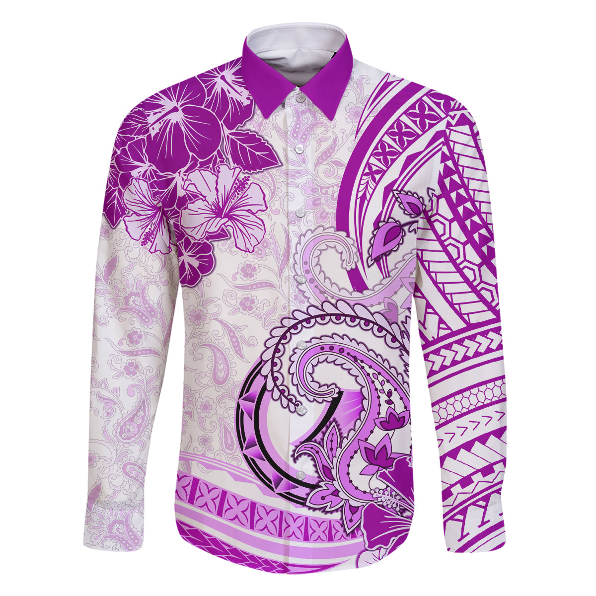 Polynesia Paisley Family Matching Off Shoulder Maxi Dress and Hawaiian Shirt Mix Pink Polynesian Pattern LT05 Dad's Shirt - Long Sleeve Pink - Polynesian Pride