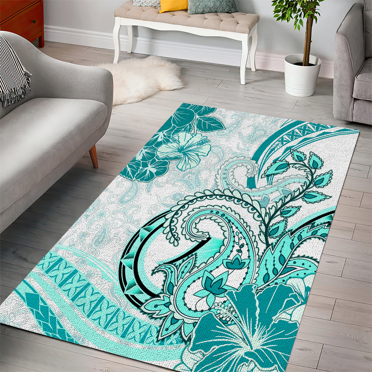 Polynesia Paisley Area Rug Mix Teal Polynesian Pattern