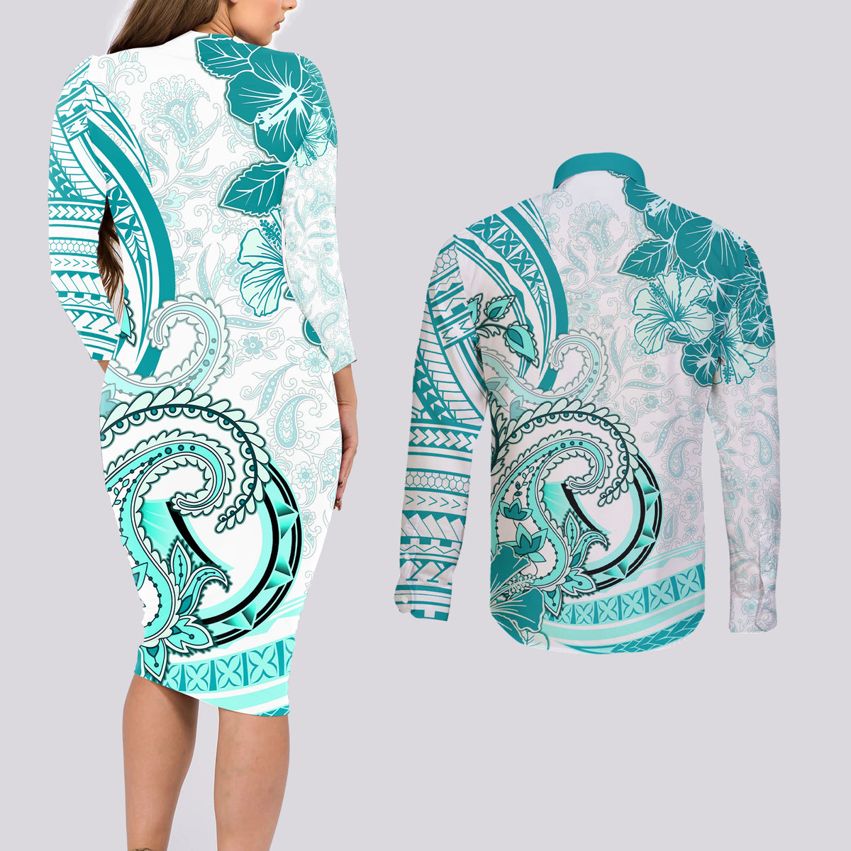 Polynesia Paisley Couples Matching Long Sleeve Bodycon Dress and Long Sleeve Button Shirt Mix Teal Polynesian Pattern LT05 - Polynesian Pride