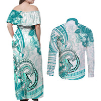 Polynesia Paisley Couples Matching Off Shoulder Maxi Dress and Long Sleeve Button Shirt Mix Teal Polynesian Pattern LT05 - Polynesian Pride