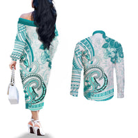 Polynesia Paisley Couples Matching Off The Shoulder Long Sleeve Dress and Long Sleeve Button Shirt Mix Teal Polynesian Pattern LT05 - Polynesian Pride